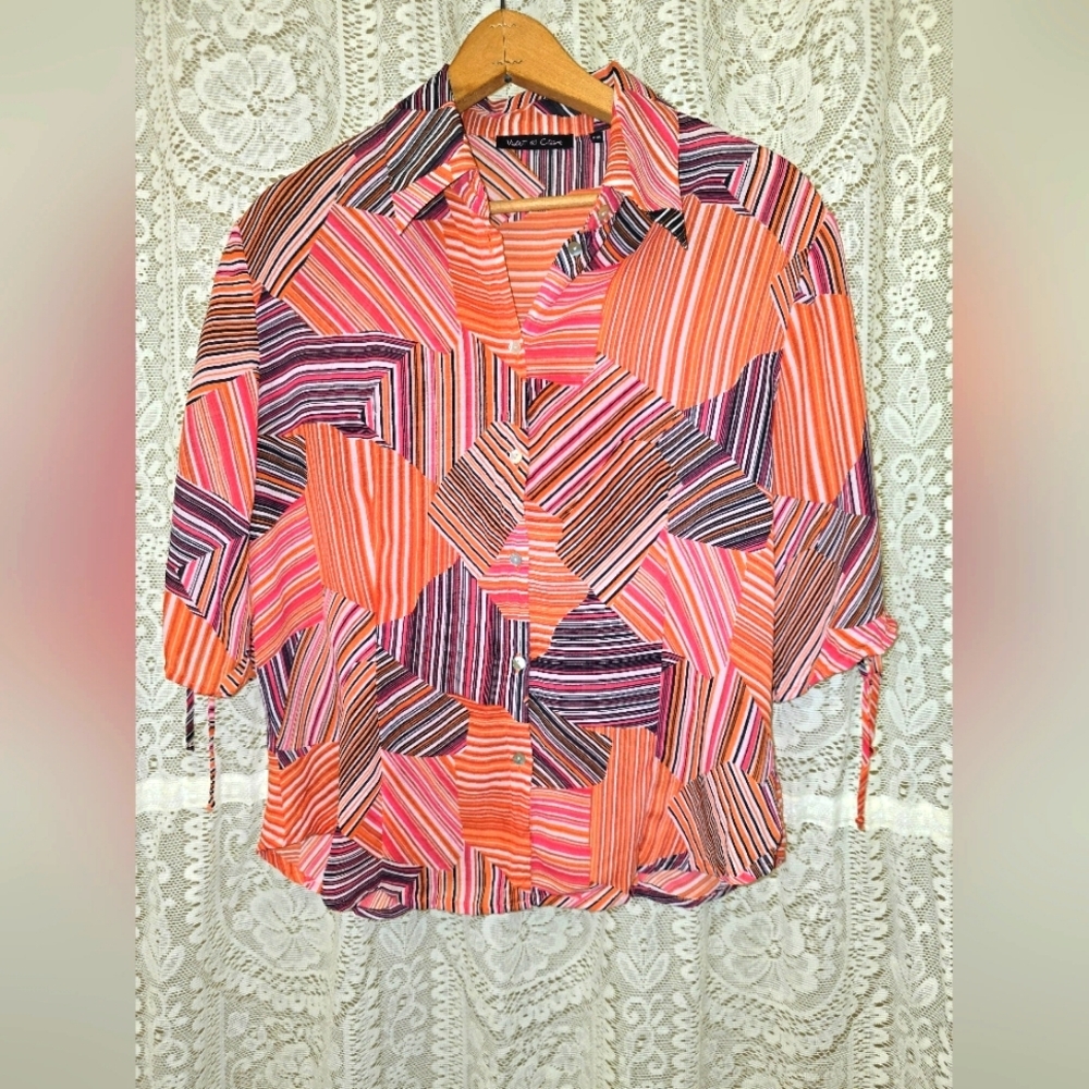Violet & Claire Orange Button Up Blouse, Petite Medium Shirt, Short Sleeve Shirt